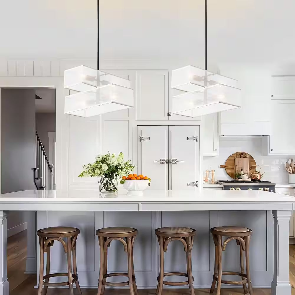 4-Light Modern Farmhouse White Fabric Drum Chandelier for Kitchen Island with No Bulbs Included