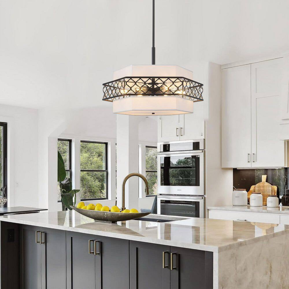 6-Light Modern Farmhouse Black Fabric Drum Chandelier for Living Room Kitchen Entryway Hallway Foyer