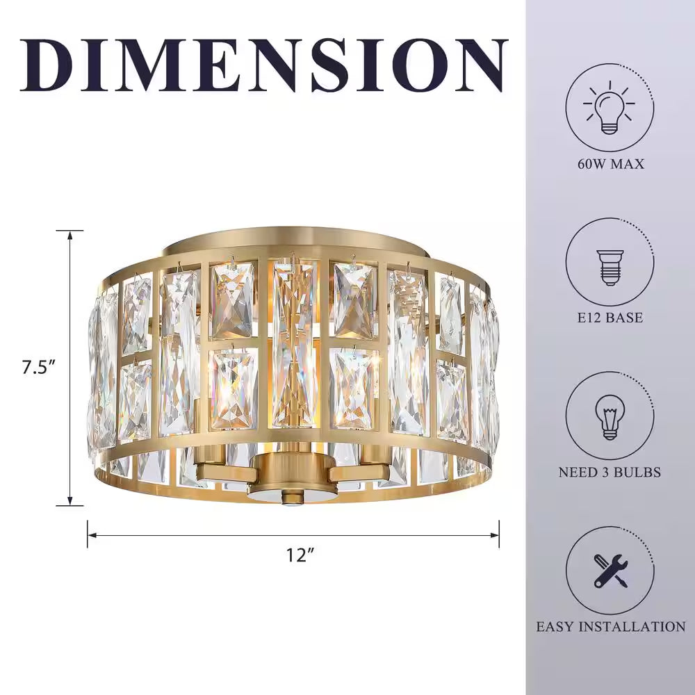 12 In. 3-Light round Modern Gold Drum Flush Mount Ceiling Light with Clear Crystal Shade