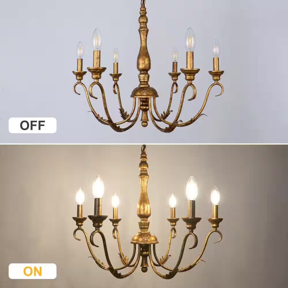 6-Light Distressed Brass Candle Style Farmhouse French Country Chandelier 23.62 In. for Dining Room Bedroom