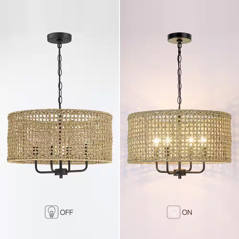 Cape 20 In. 4-Light Bohemian Drum Chandelier with Straw Hand Woven Shade