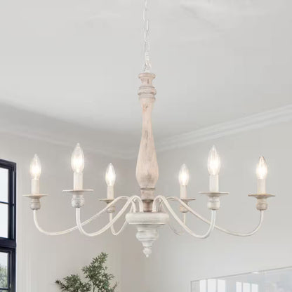 6-Light Vintage Beige Farmhouse Wood Candle Chandelier French Country Style Pendant Light