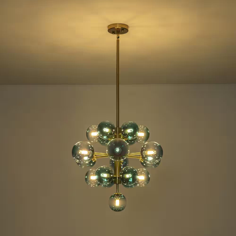 Alex 19-Light Brushed Gold Modern Glam Tiered Cluster Gradient Blue Glass Globe Bubble Chandelier for Dining Room