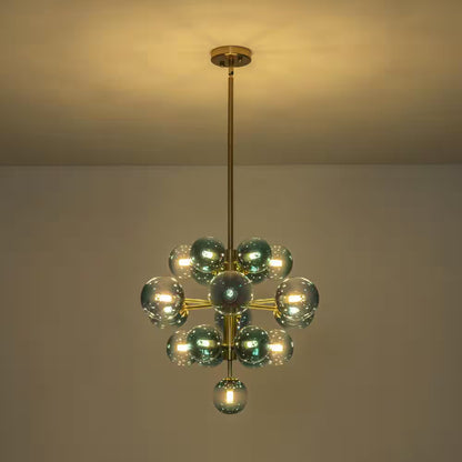 Alex 19-Light Brushed Gold Modern Glam Tiered Cluster Gradient Blue Glass Globe Bubble Chandelier for Dining Room