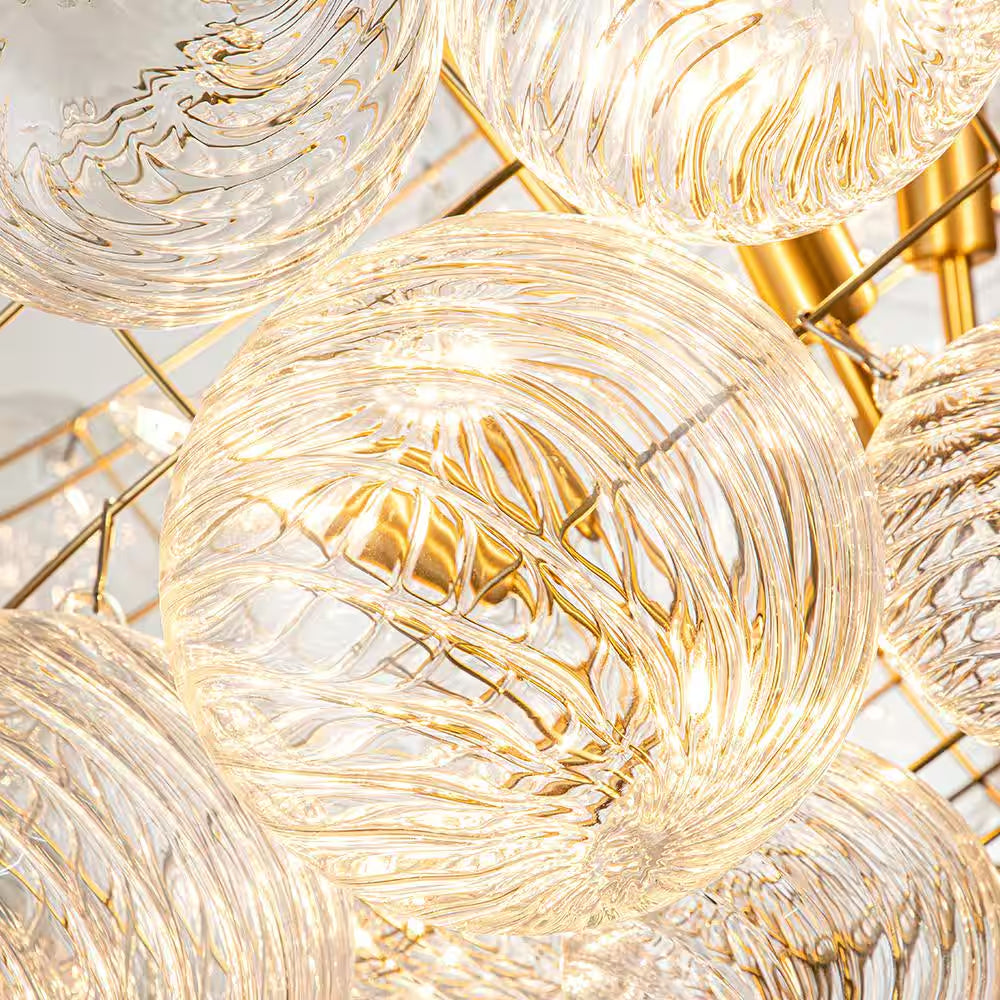 Neuvy 3-Light 23.6 In. W Brass Chandelier with Swirled-Glass Orb Cluster Bubble Ribbed Glass Chandelier for Living Room
