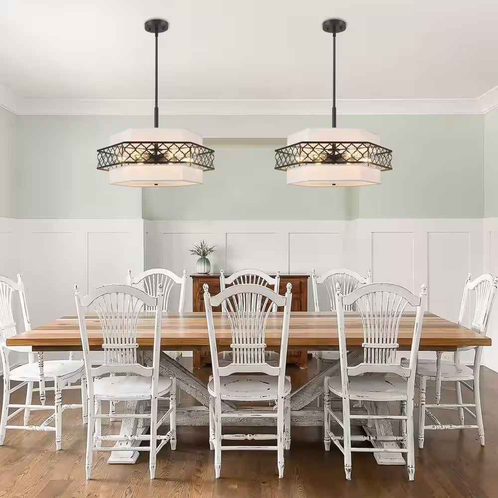 6-Light Modern Farmhouse Black Fabric Drum Chandelier for Living Room Kitchen Entryway Hallway Foyer