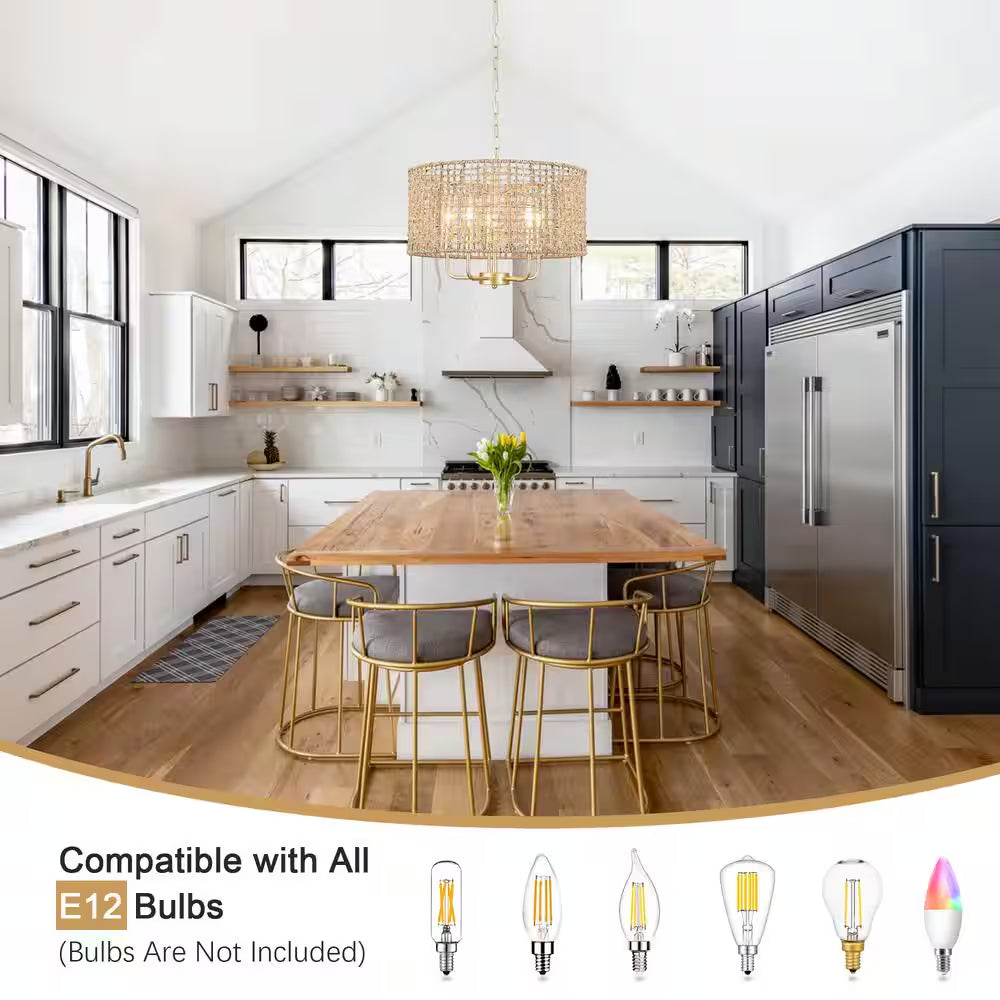 18.89 In. 5-Light Golden Bohemian Pendant Design Drum Chandelier with Natural Rattan Shade and No Bulbs Included