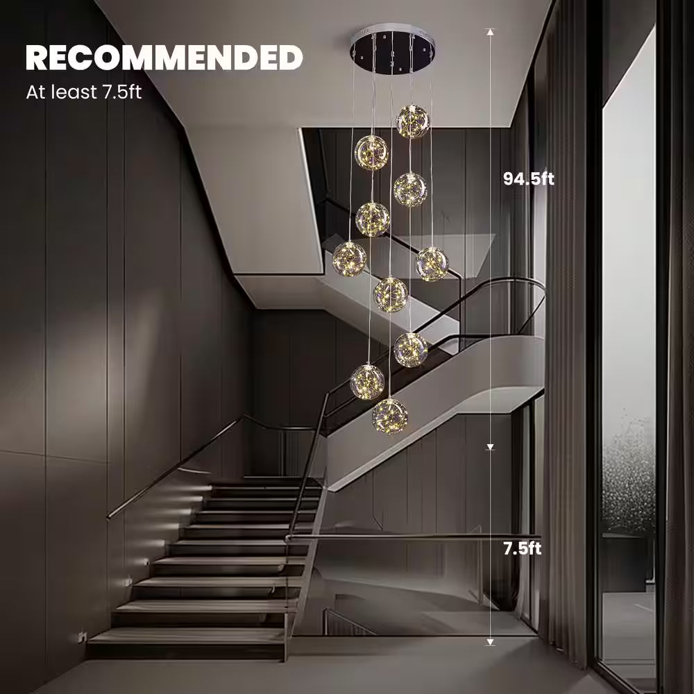 10-Light Chrome Modern LED Strip Chandelier with Clear Glass Shade for Foyer Entryway Lighting