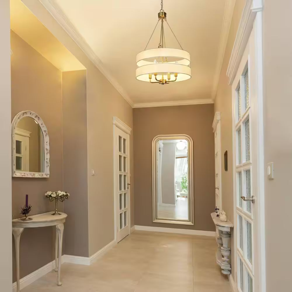 Transitional Brass Dining Room Drum Chandelier with Fabric Shade, 4-Light Craftsman Kitchen Island Bedroom Chandelier