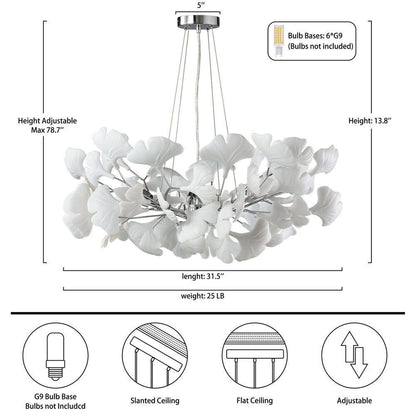 6 Light Silver Chandelier, Luxury Ginkgo Branch Chandelier for Living Room, Dining Room, Foyer, Kitchen Island-L31 In.