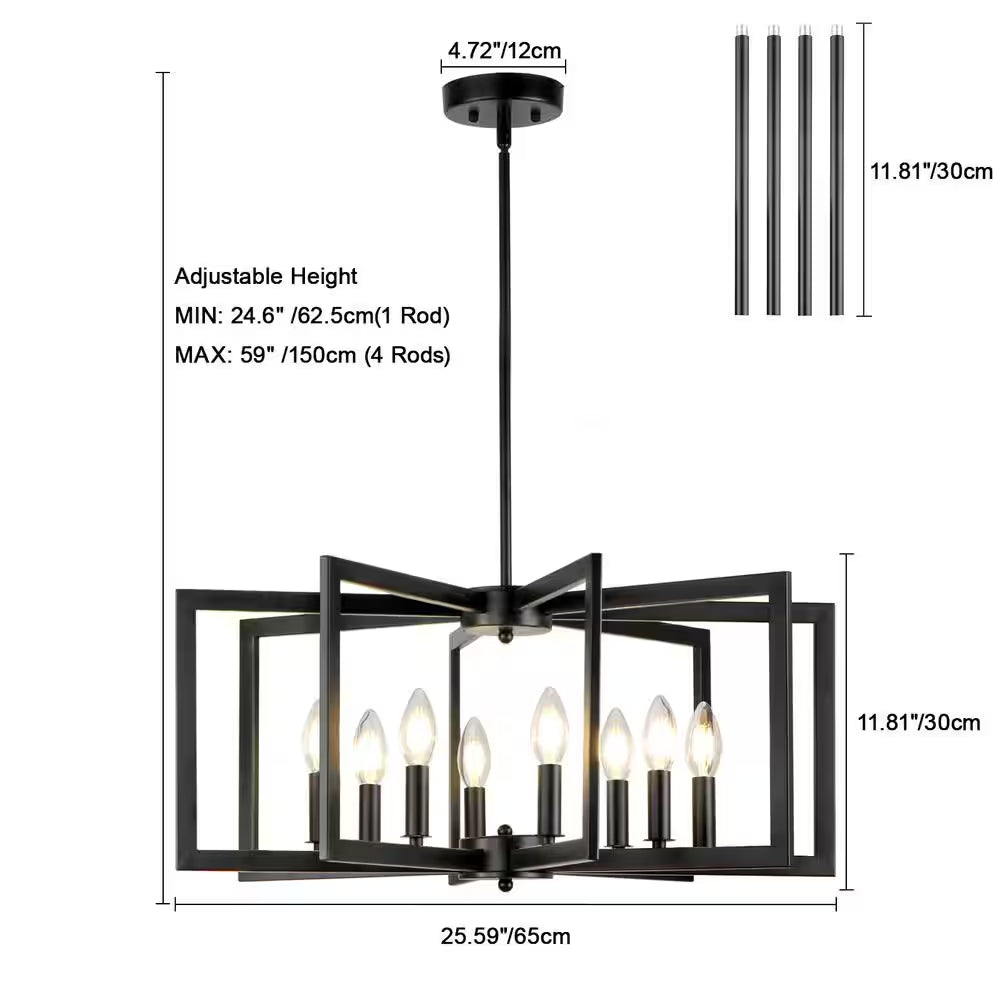 25.59 In. 8-Light Black Modern Geometric Hanging Metal Chandeliers for Dining Room Kitchen Foyer Living Room Bedroom
