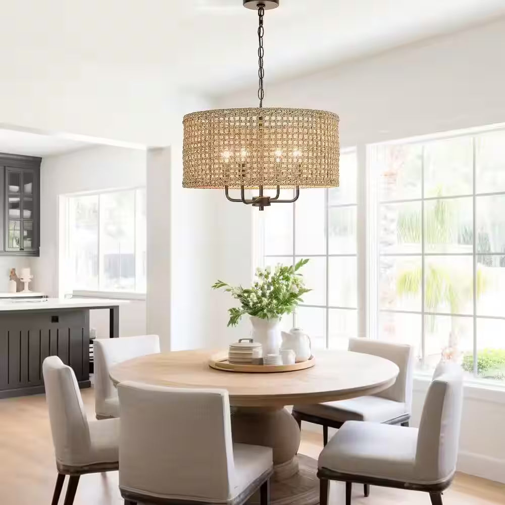 Cape 20 In. 4-Light Bohemian Drum Chandelier with Straw Hand Woven Shade
