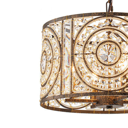 Iridescent 4-Light Vintage Crystal Drum Antique Bronze Chandelier Retro Classic Medium Lighting Fixture for Dining Room