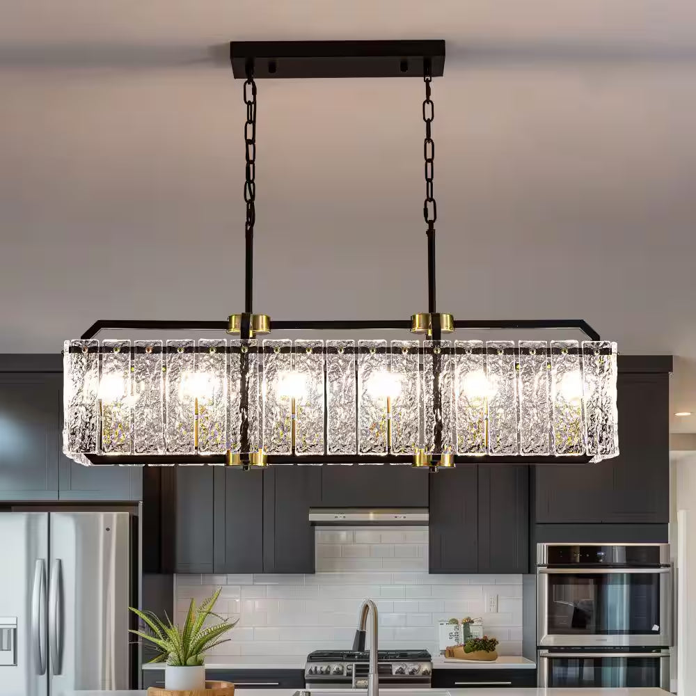 39 In. Modern 6-Light Rectangle Black Crystal Chandelier for Dinning Room
