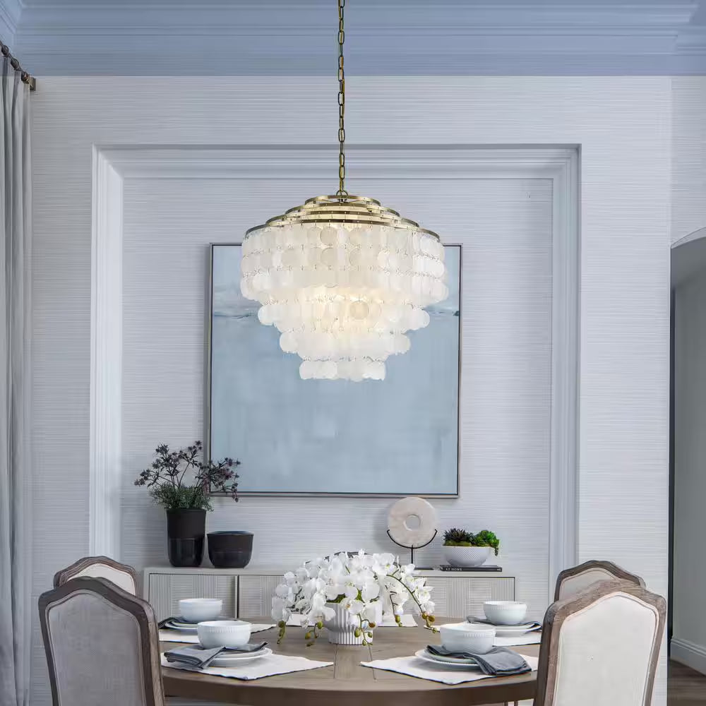 22 In. 6-Light Coastal Capiz Seahells Chandelier 4-Tier Vintage Natural Seashell Hanging-Light in Antique Gold