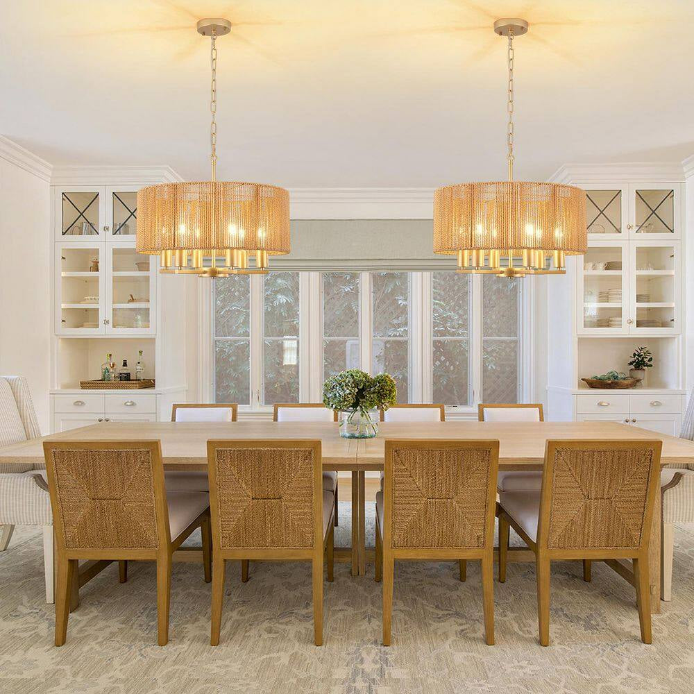 6-Light Natural and Gold Rattan Bohemian Drum Chandelier for Living Room Kitchen