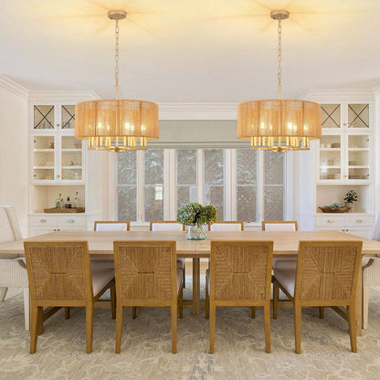 6-Light Natural and Gold Rattan Bohemian Drum Chandelier for Living Room Kitchen