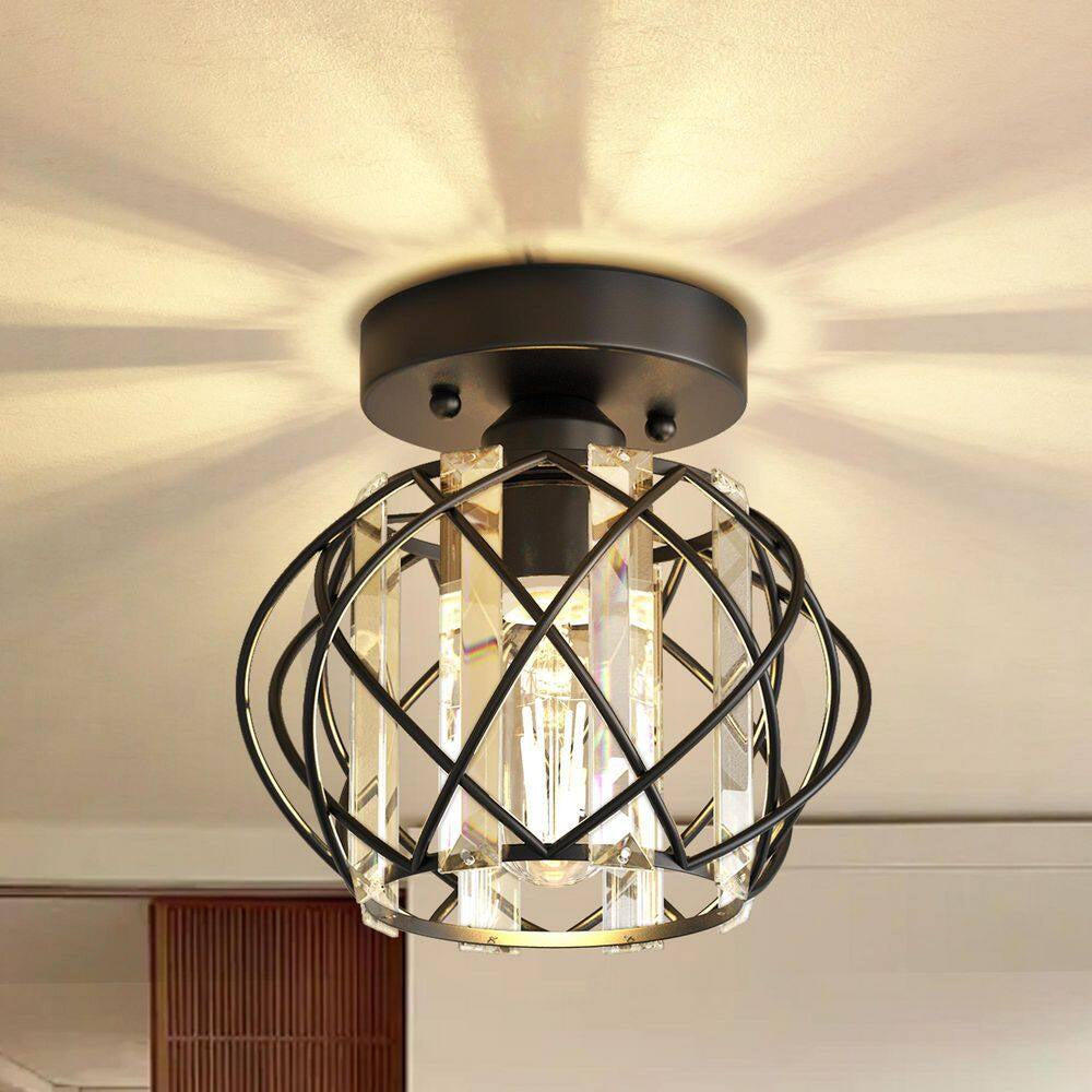 7 In. 1-Light Crystal Semi Flush Mount Ceiling Light Fixture, E26 Hallway Chandelier for Entry, Bedroom Bathroom