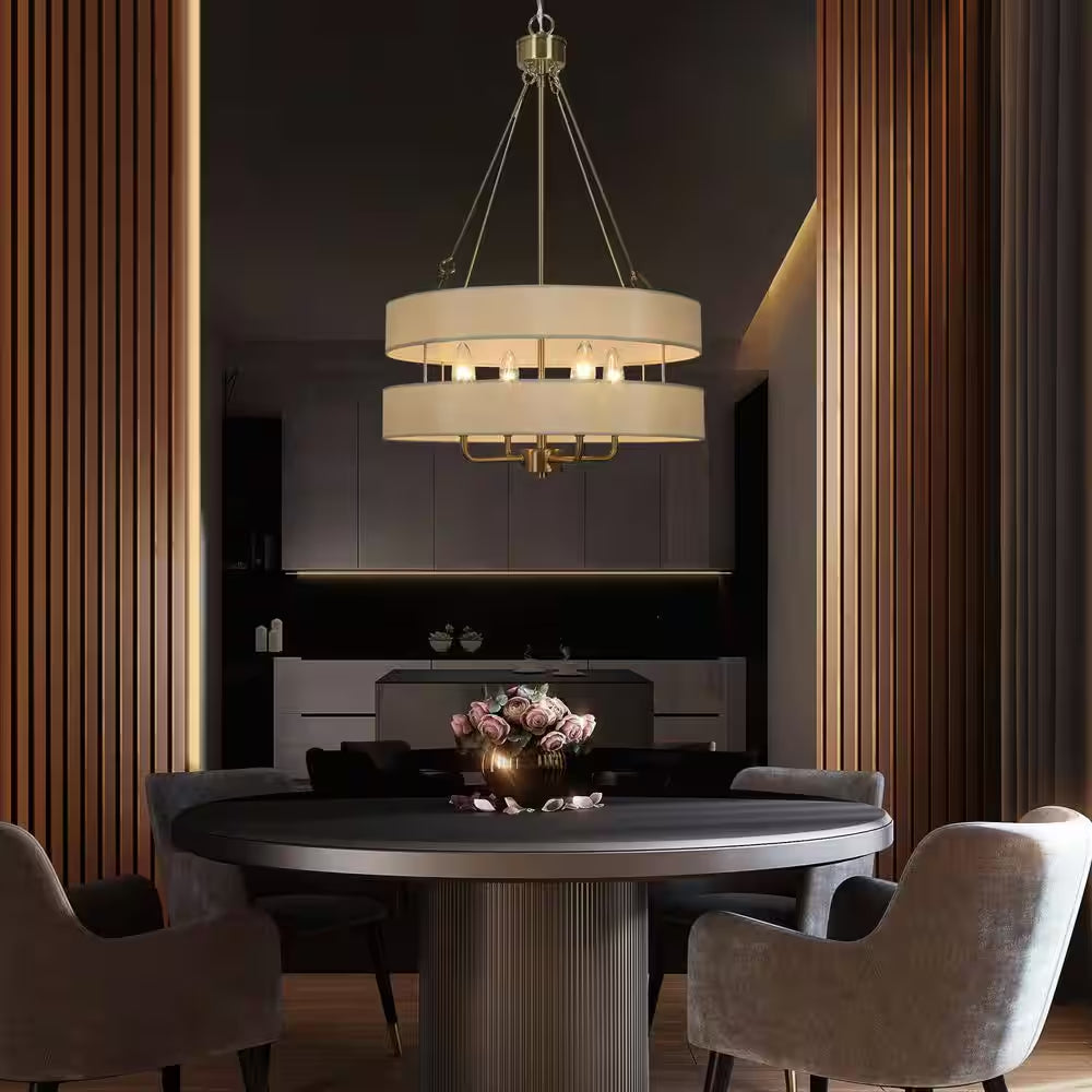 Transitional Brass Dining Room Drum Chandelier with Fabric Shade, 4-Light Craftsman Kitchen Island Bedroom Chandelier