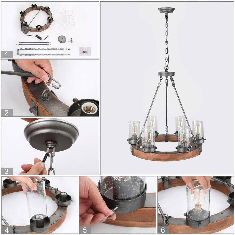 Bronze Farmhouse Chandelier Wood Wagon Wheel 6-Light Rustic Chandelier for Foyer with Seedy Glass and Aged Silver Metal