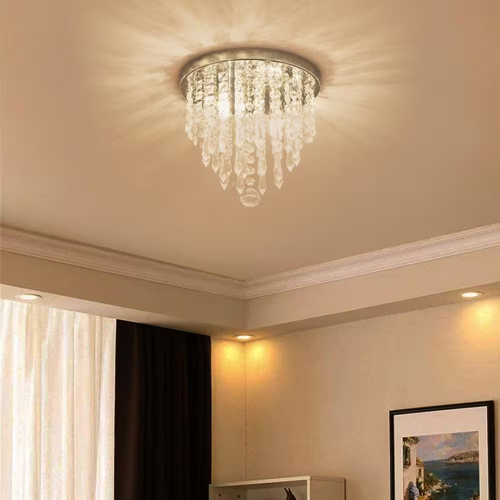 9 In. 2-Light Modern Crystal Kitchen Chandelier Ceiling Light,Chrome Crystal Raindrop Flush Mount for Hallway, Bedroom