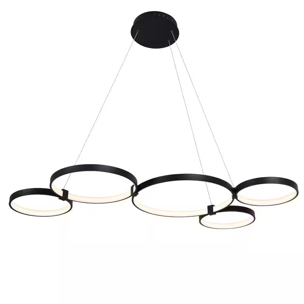 Capella 80-Watt ETL Certified Integrated LED Black Chandelier Height Adjustable 50 In. Pendant Light with 5 LED Circles