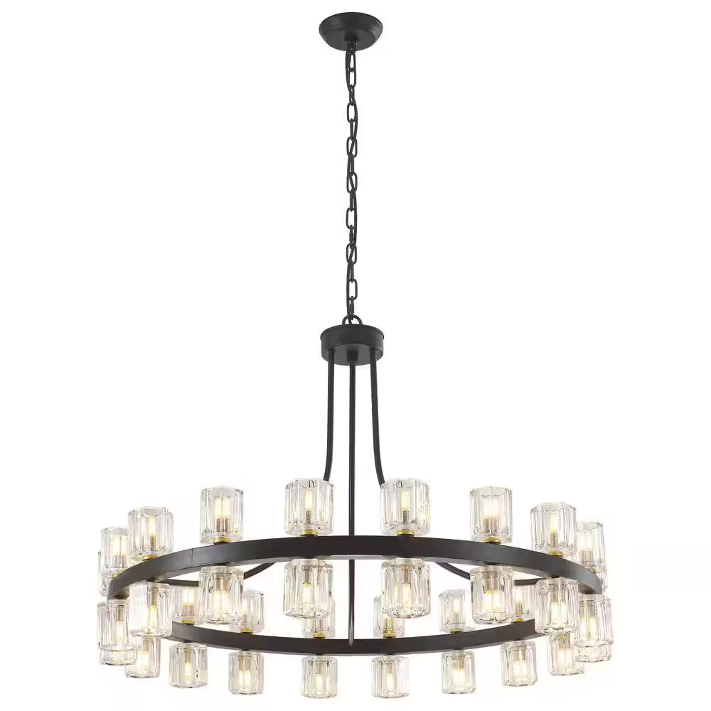 36.6 In. 36-Light Black Glass Crystal Modern Industrial Wagon Wheel Chandelier for Dining Living Room Foyer Staircase