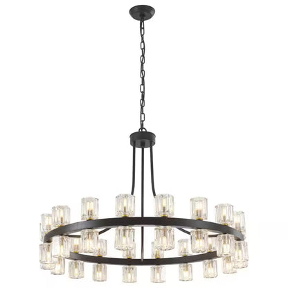 36.6 In. 36-Light Black Glass Crystal Modern Industrial Wagon Wheel Chandelier for Dining Living Room Foyer Staircase