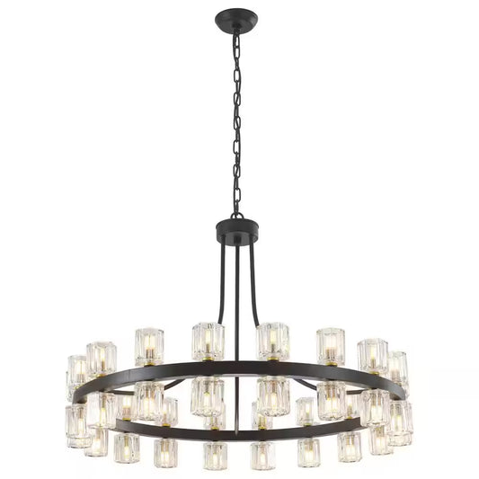 36.6 In. 36-Light Black Glass Crystal Modern Industrial Wagon Wheel Chandelier for Dining Living Room Foyer Staircase