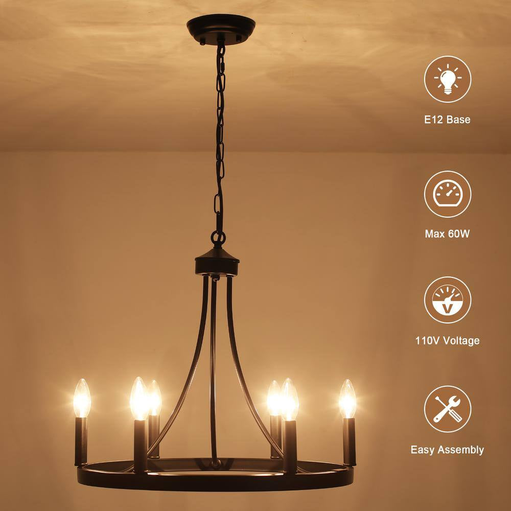 6-Light Black Farmhouse Wagon Wheel Chandelier Rustic Dining Room Pendant Light