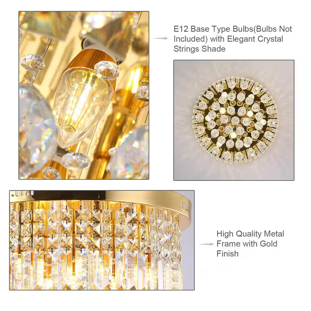 9-Light 20 In. Gold Flush Mount Crystal Chandelier for Bedroom Dining Room with No Bulbs Included
