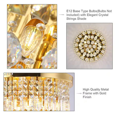 9-Light 20 In. Gold Flush Mount Crystal Chandelier for Bedroom Dining Room with No Bulbs Included