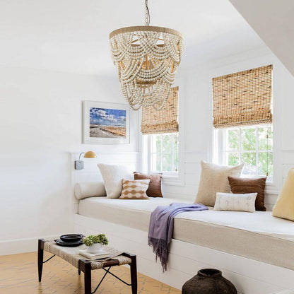 Modern Boho Dining Room Chandelier 4-Light Distressed White Island Chandelier with Wood Beads and Rope