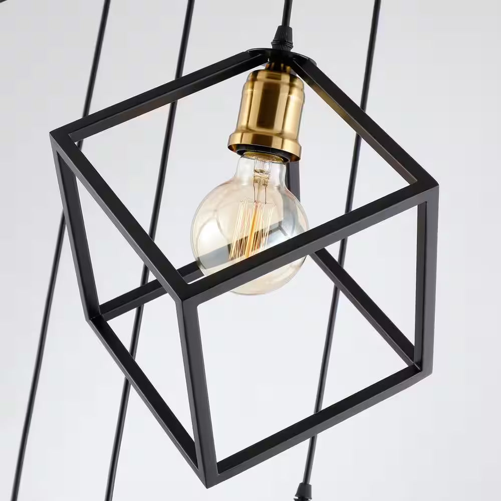 Rekha 7 Light Stairway Chandelier Black Geometric Cluster Pendant, Adjustable Cube Height, Staircase Minimalist Lamp
