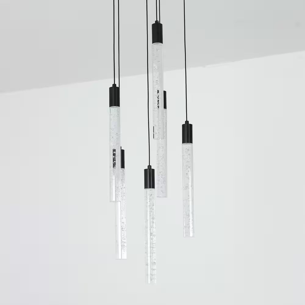 6-Light Dimmable Integrated LED Black Crystal Chandelier for Stairs Dining Room Hallway