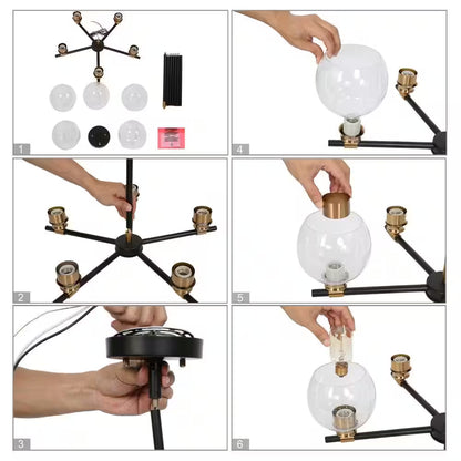 Transitional Sputnik Dining Room Chandelier 5-Light Modern Black and Gold Candle Chandelier with Seeded Glass Shades
