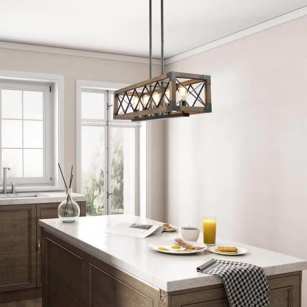 Wood Kitchen Chandelier 5-Light Linear Farmhouse Black Island Dining Room Chandelier Pendant with Rustic Rectangle Frame