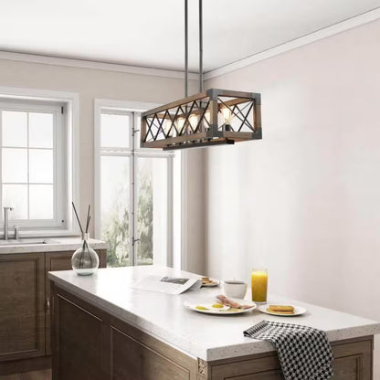 Wood Kitchen Chandelier 5-Light Linear Farmhouse Black Island Dining Room Chandelier Pendant with Rustic Rectangle Frame
