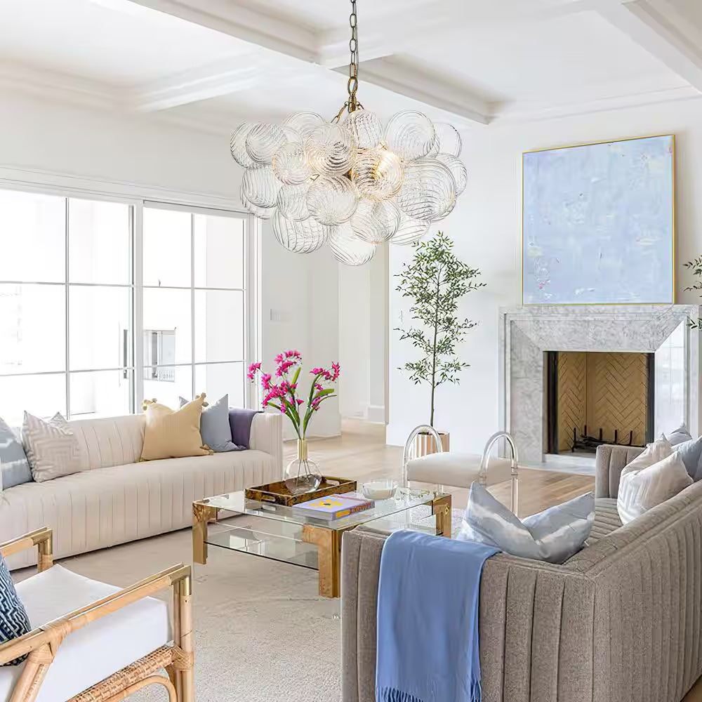 Neuvy 3-Light 23.6 In. W Brass Chandelier with Swirled-Glass Orb Cluster Bubble Ribbed Glass Chandelier for Living Room