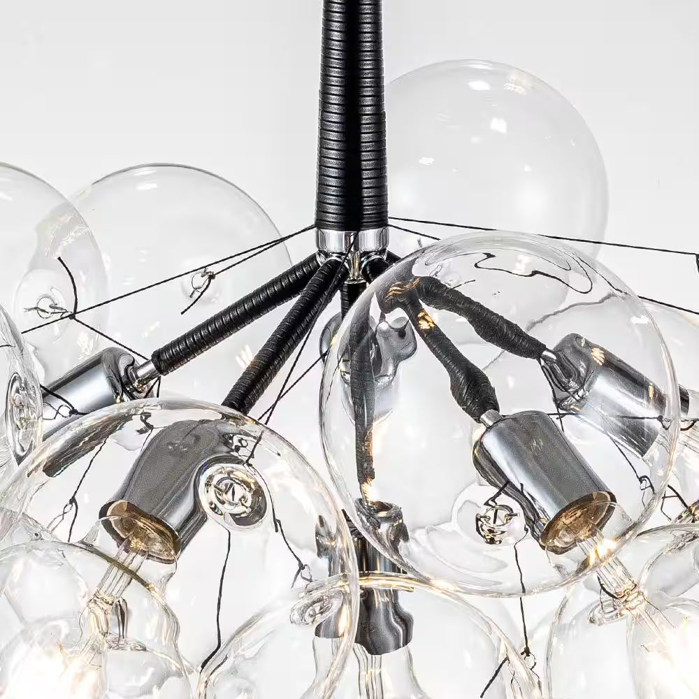 Alma 6-Light 24.8 In.W Silver and Black Cluster Bubble Chandelier with Clear Glass and Leather, LED Bulbs Included