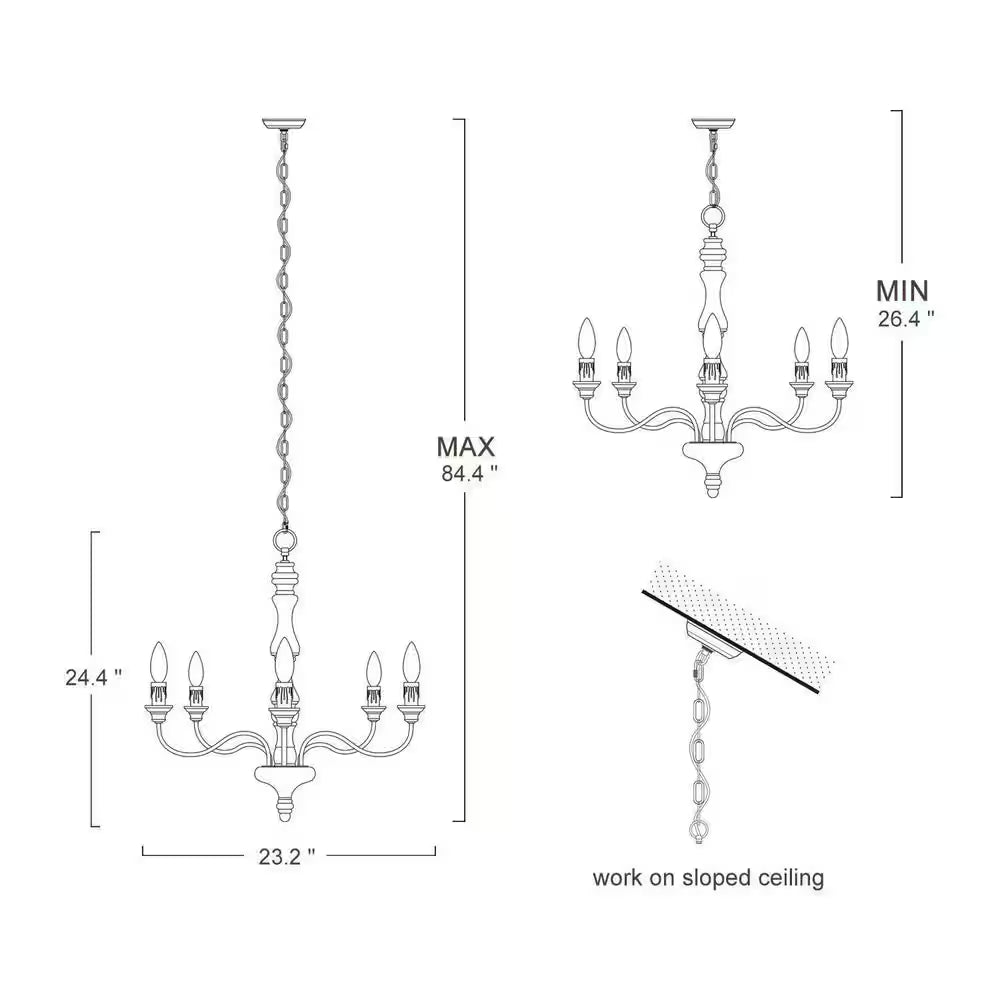 Wood Candle Chandelier 5-Light Weathered White Dining Room Chandelier Bronze Rustic Chandelier with French Country Style