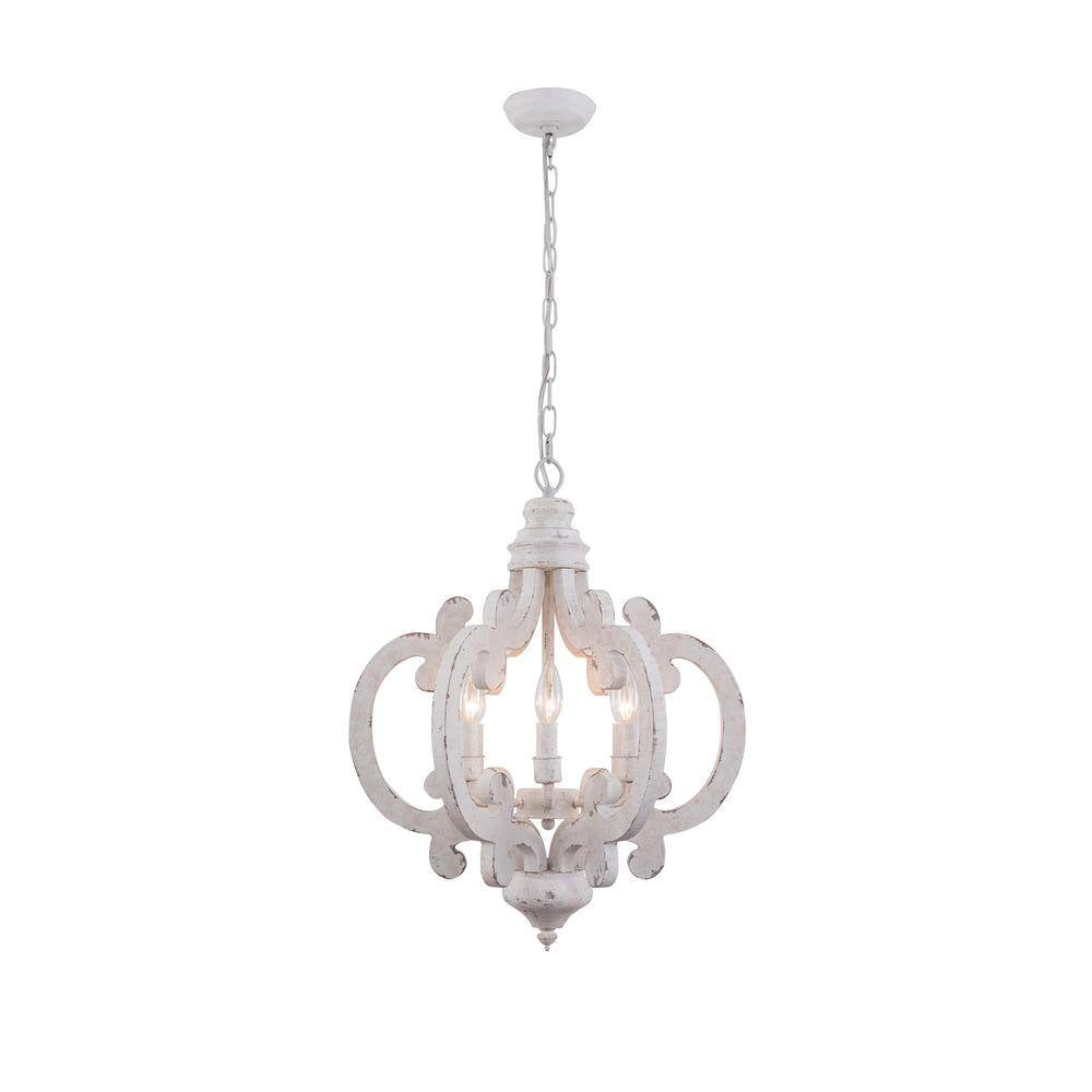 6-Light Distressed White Cottage Chic Crown Chandelier with Farmhouse Wooden Pendant