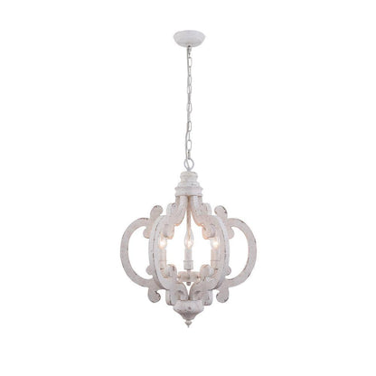 6-Light Distressed White Cottage Chic Crown Chandelier with Farmhouse Wooden Pendant
