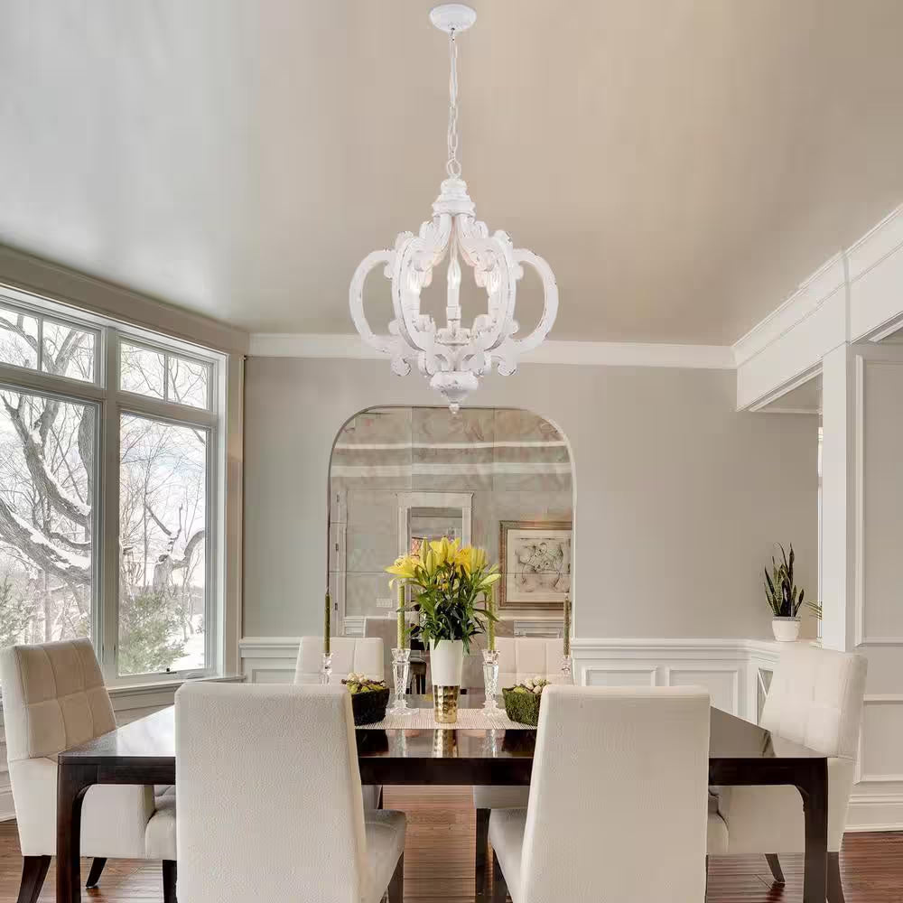 6-Light Distressed White Cottage Chic Crown Chandelier with Farmhouse Wooden Pendant