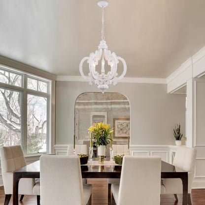 6-Light Distressed White Cottage Chic Crown Chandelier with Farmhouse Wooden Pendant
