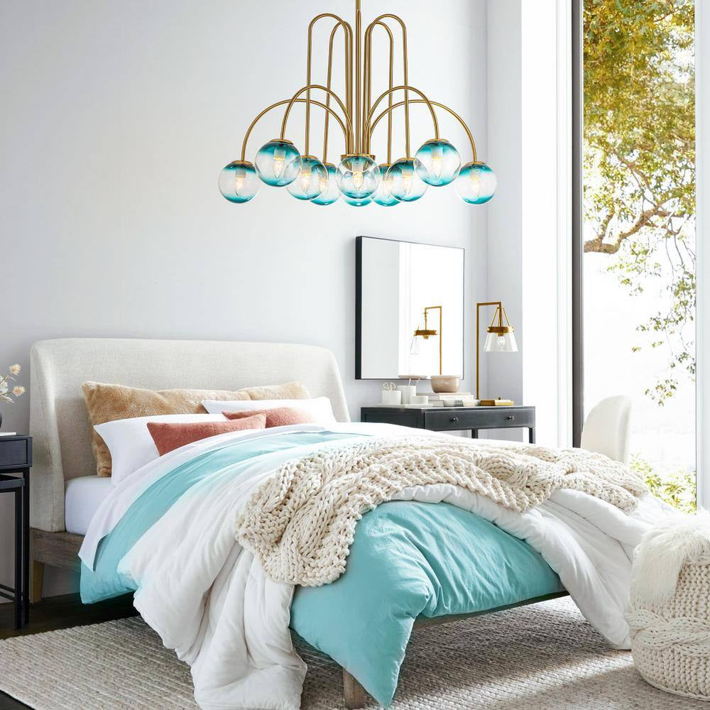 Ayden Modern 10-Light Gold Sputnik Sphere Chandelier with Blue Glass Globe Bubble