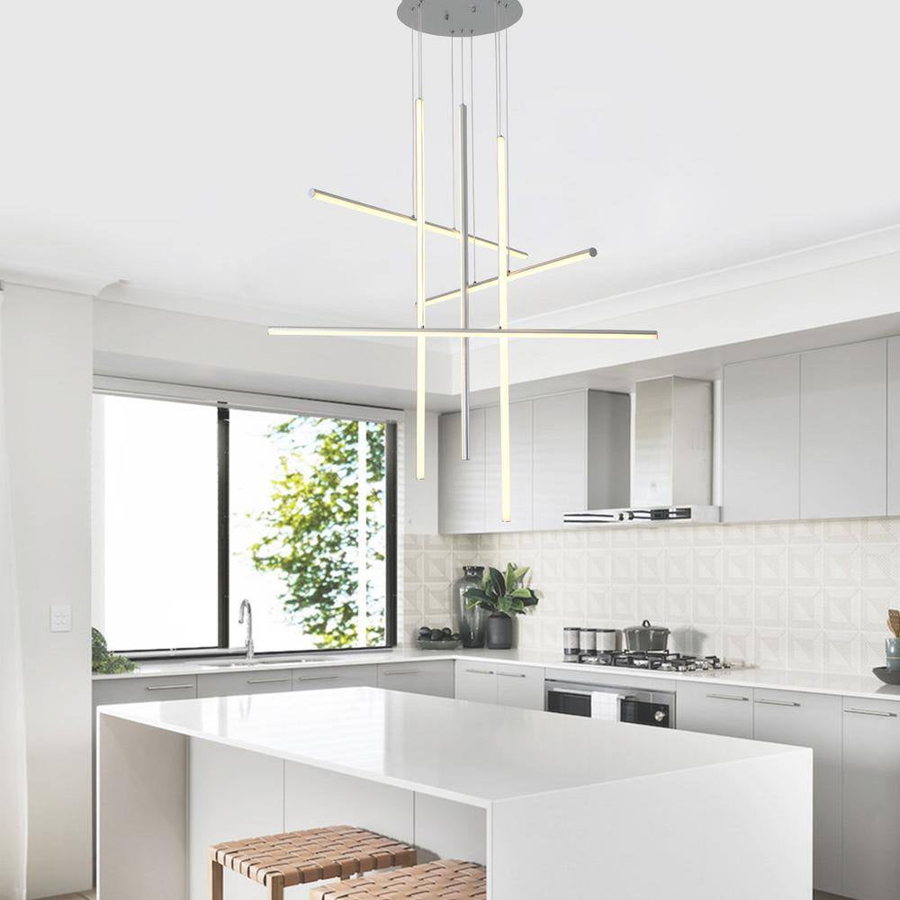 6-Lights Dimmable Integrated LED Silver Linear Chandelier for Staircase Apartment Foyer, 39.4 In.