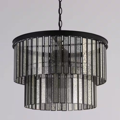 Hemera 4-Light Black Modern Drum Chandelier with 2-Tier Plated Mercury Glass Shade Living Room Silvered Hanging Light
