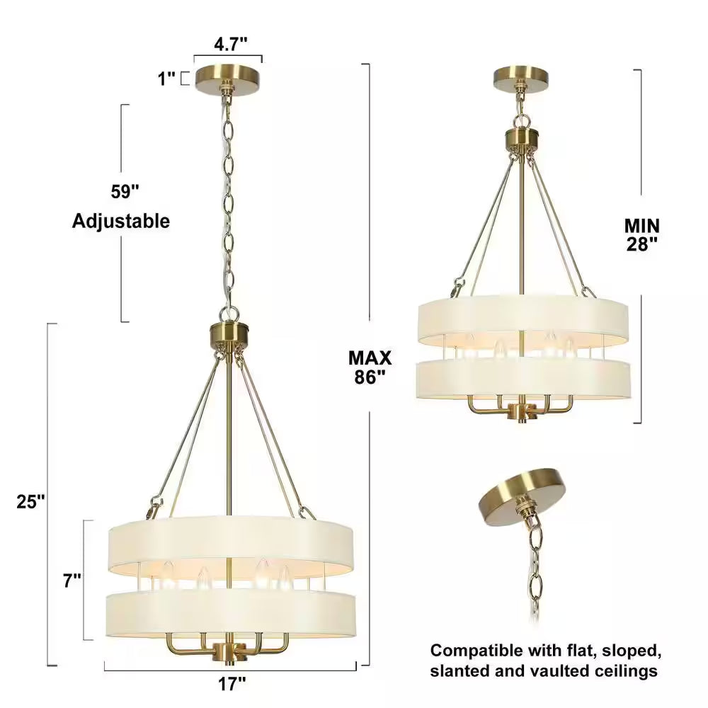 Transitional Brass Dining Room Drum Chandelier with Fabric Shade, 4-Light Craftsman Kitchen Island Bedroom Chandelier