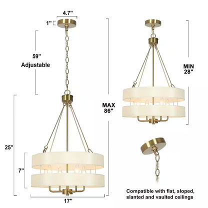 Transitional Brass Dining Room Drum Chandelier with Fabric Shade, 4-Light Craftsman Kitchen Island Bedroom Chandelier